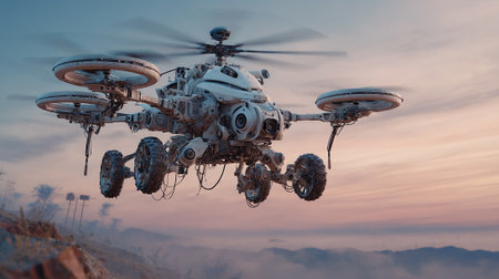 This image shows a complex robotic vehicle, featuring helicopter rotors, hovering above a rugged landscape. The machine has six wheels. The atmosphere suggests a sunset or twilight.の素材