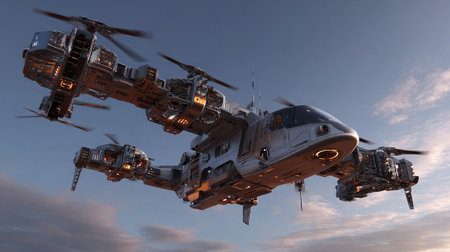 The image showcases a futuristic flying machine with multiple rotating blades against a serene blue sky with light clouds. The aircraft features intricate mechanical details and a sleek, futuristic design.の素材