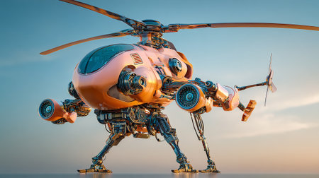 A futuristic steampunk style helicopter, in a unique color scheme, has legs and propellers, set against a bright outdoor sky. The design is intricate and elaborate.の素材