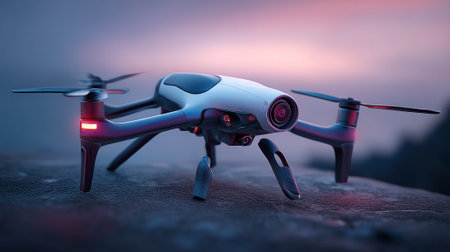 This image showcases a modern gray drone with spinning propellers, sitting on a textured concrete surface. The background features a soft dusk sky, casting a gentle light on the drone.の素材