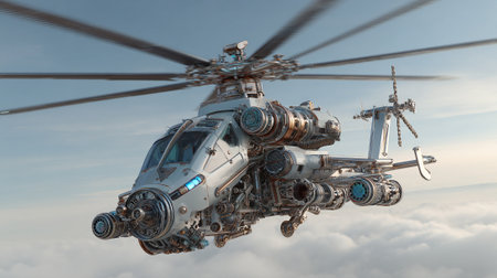 This image showcases a meticulously crafted, futuristic helicopter with complex mechanical details. It's depicted flying high above a layer of clouds, its rotor blades spinning creating an advanced and visually striking scene.の素材
