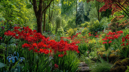 Lush woodland garden with vibrant red flowers and dappled sunlight.の素材