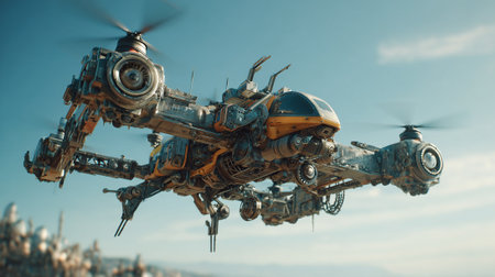 A detailed depiction of a large, futuristic hovercraft with rotating propellers, rendered in shades of silver, black, and yellow. The vehicle flies through the sky over an unidentified blurred city background.の素材