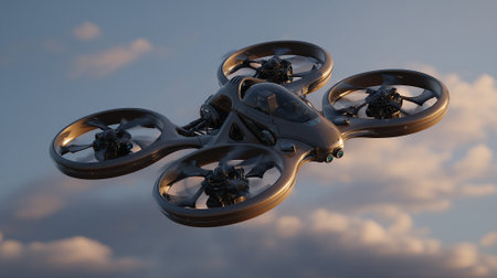 This image shows a futuristic drone with four rotors flying against a backdrop of a cloudy sky at sunset. The advanced design incorporates a passenger cabin and streamlined aesthetic.の素材