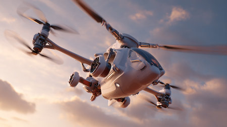 A dynamically-angled view captures a sleek, white personal aircraft soaring into a pastel-colored sky. The aircraft features multiple rotors and a streamlined cabin, indicating advanced design. Sunset tones and fluffy clouds create a scenic backdrop.の素材