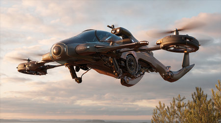 This captivating image showcases a futuristic flying vehicle with spinning rotors, set against a backdrop of soft clouds and a warm horizon glow. The vehicle exhibits a sleek, modern design with metallic elements.の素材