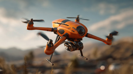 An orange-colored high-tech drone is depicted flying outdoors against a blurred mountainous background. Its propellers are visibly rotating, with a camera hanging below, as the drone surveys area.の素材