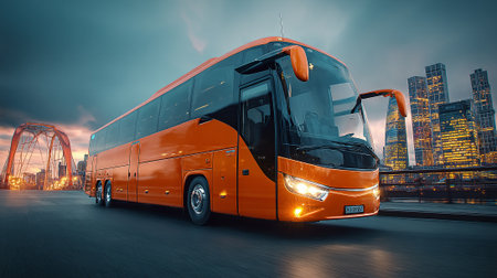 A modern, orange tour bus travels across a bridge toward a city skyline. The sleek design and the city lights add to the image's compelling aesthetic, suggesting comfortable travel.の素材