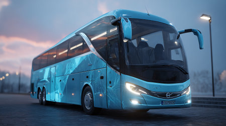 A modern blue passenger bus is parked on a patterned concrete surface. The bus features a sleek design, with its headlights brightly illuminated. The surrounding environment includes blurry trees and streetlights.の素材