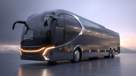 A luxurious, dark-colored passenger bus with modern design elements is displayed on a reflective surface. The bus features futuristic headlights and a panoramic window configuration, conveying style and comfort for passengers.の素材