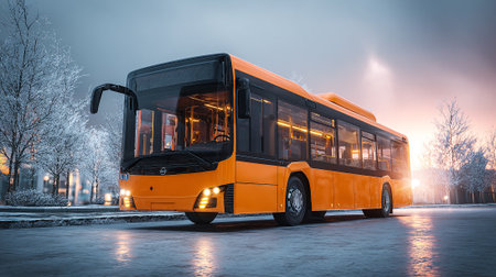 This image showcases an orange city bus with its headlights on, reflecting off an icy street surface during dusk. Bare, snow-covered trees lining the roadway create a wintery urban setting, with streetlights glowing faintly.の素材
