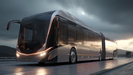 The image displays a modern, articulated bus with a glossy silver finish, against a dramatic sky at dusk. It highlights advanced design and future transportation elements on the open road.の素材