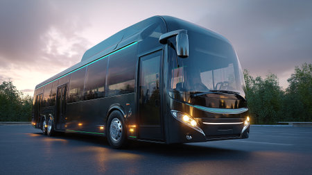 This image features a contemporary black electric bus with reflective windows, glowing lights, and green accents, set against a backdrop of trees and a dusky, atmospheric sky.の素材