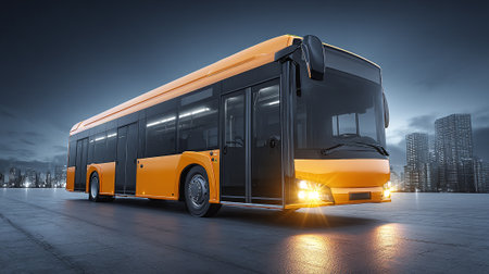 This image shows a modern yellow city bus parked on a concrete surface, city buildings are blurred in the background, headlights illuminate the scene, showcasing urban transportation.の素材