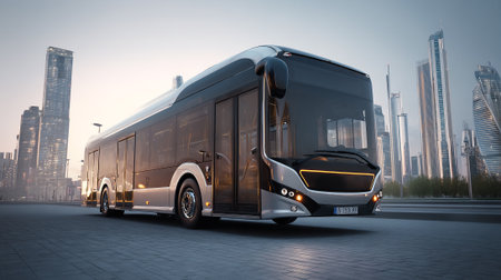 A modern, eco-friendly electric bus is captured in a cityscape, emphasizing sustainable urban transport. The bus, showcasing a futuristic design, stands against a backdrop of impressive skyscrapers.の素材