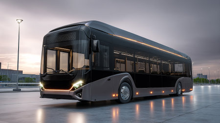 An urban public transport, low angle image showcasing an electric bus with contemporary design parked at dusk. The bus is dark, sleek, and reflects the ambient light from its surroundings.の素材