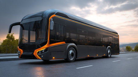 A modern, low-angle shot showcases a stylish electric bus with a smooth gray exterior and striking orange accents, parked on a wet road against a scenic backdrop of trees and cloudy sky.の素材