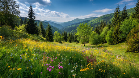Meadow with wildflowers in Carpathian mountains, Ukraineの素材