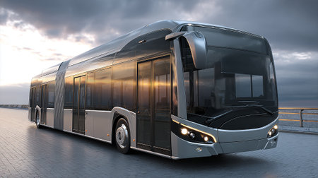 A long, articulated modern electric bus rendered against an atmospheric sky. The futuristic design includes large windows, a smooth body, and advanced lighting for a clean, high-tech aesthetic.の素材