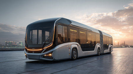 A modern articulated bus is parked on a rooftop platform overlooking a cityscape at sunset. The bus features a sleek design and advanced technology, suggesting sustainable urban transportation.の素材