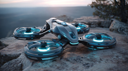 An advanced technology drone rests atop a textured, rocky surface, with a soft-focus landscape visible in the background, under an even-toned sky suggesting either dawn or dusk.の素材