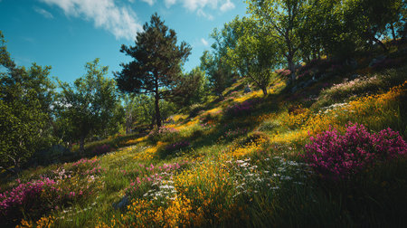 Meadow with blooming flowers in the mountains on a sunny dayの素材