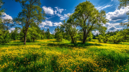 Beautiful spring landscape with yellow flowers and blue sky with clouds.の素材