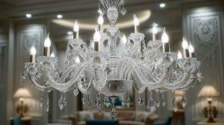A detailed view of a sparkling crystal chandelier, showcasing its intricate design and numerous shimmering droplets. The chandelier is prominently displayed against a blurred background of luxurious furniture in a refined room.の素材