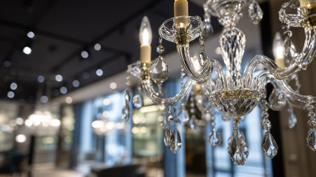 A stunning crystal chandelier with intricate details hangs in a modern interior, casting a warm, inviting glow. The luxurious lighting fixture adds an air of elegance to the space.の素材