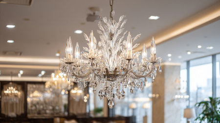 This image showcases an opulent crystal chandelier with multiple lights, suspended in a modern interior. The scene exudes elegance and sophistication, with a soft, diffused light and luxurious surroundings.の素材