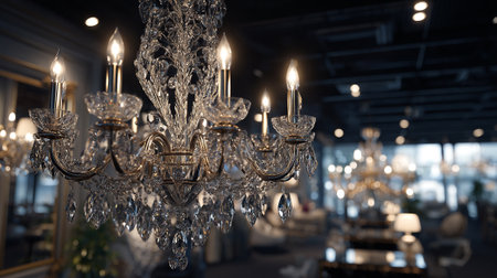 This image features a beautiful crystal chandelier with multiple lights, creating a sophisticated ambiance. The surrounding interior showcases other chandeliers and elegant furniture, suggesting a high-end showroom or residential space.の素材