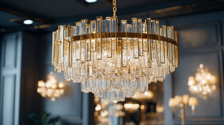 This image features a stunning crystal chandelier with golden accents. The interior includes dark blue walls with decorative elements and several other light fixtures, creating a warm, elegant atmosphere.の素材