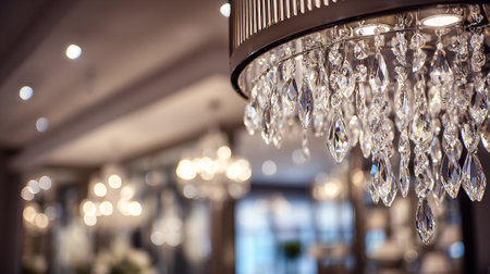 Glimmering crystal chandelier features ornate details against a warm, blurred background. The image highlights interior design elements, creating a luxurious and elegant ambiance. Soft, diffused lighting enhances the overall sophistication.の素材