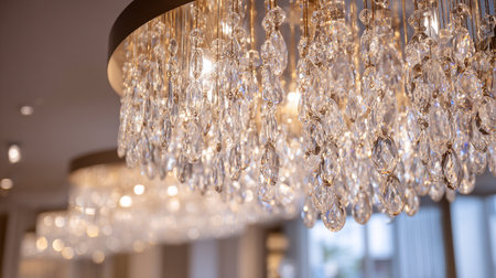 This image showcases crystal chandeliers with numerous clear pendants suspended from a bronze-colored circular frame. The image captures a sense of elegance and luxury, portraying a sophisticated and refined atmosphere.の素材