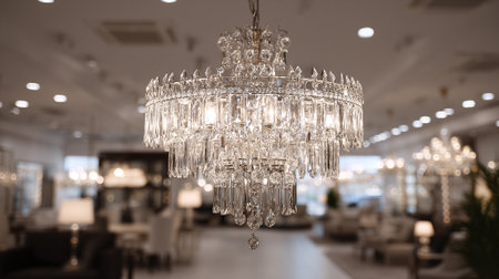 A luxurious crystal chandelier hangs in a showroom, showcasing its elegant design and bright illumination. The blurred background reveals a furniture store, highlighting stylish home decor and interior design options.の素材