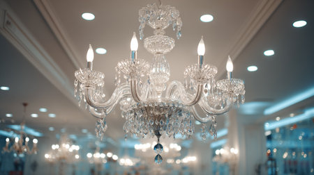 Elegant interior features a crystal chandelier with decorative glass elements, providing illumination. The photo showcases other chandeliers in the background, creating a sophisticated and luxurious atmosphere in a ballroom or event space.の素材