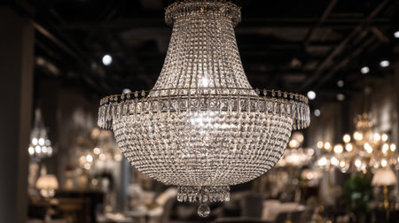 This image features a detailed crystal chandelier, shimmering with light, prominently displayed in a showroom. Its intricate design, with reflective surfaces, captures the luxury and sophistication of high-end lighting solutions.の素材