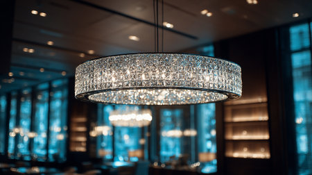 This image showcases a captivating crystal chandelier, its brilliance enhancing the ambiance of a sophisticated interior. The lighting fixture is suspended against a stylish, dimly lit backdrop, creating a luxurious atmosphere.の素材