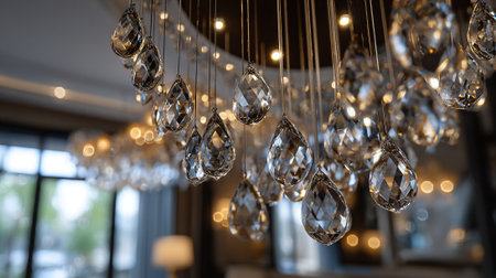 This image displays a stunning chandelier adorned with crystal teardrop pendants. The close-up view emphasizes the clarity and sparkle of the crystals, enhancing the fixture's elegance and highlighting the ambient lighting.の素材