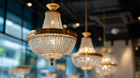 The image displays a series of opulent crystal chandeliers hanging from the ceiling, featuring shimmering crystals and gold accents. The setting implies a high-end establishment, exuding luxury and sophistication through its ornate decor.の素材
