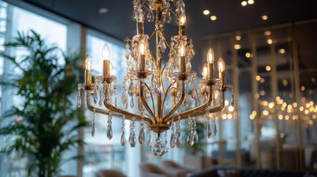 A gleaming golden chandelier, adorned with sparkling crystal pendants, hangs gracefully, providing soft illumination within a sophisticated space. The background features blurred greenery and stylish decor elements.の素材