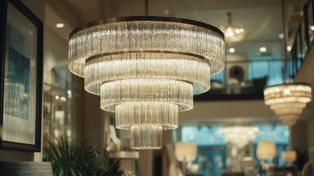 This image showcases a luxurious tiered crystal chandelier illuminating a contemporary interior, adding a touch of elegance to the space. The lighting fixture creates an ambient glow, enhancing the room's aesthetic.の素材