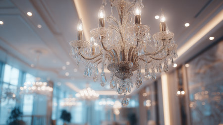 An elegant interior showcases a crystal chandelier with ornate detailing, casting a soft glow and ambience, complemented by a light-toned color palette for luxurious aesthetic. Additional chandeliers blurred in the background.の素材