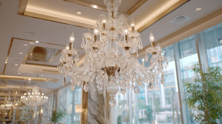 This image features a stunning crystal chandelier hanging from a decorative ceiling in an opulent lobby. The interior shows marble columns, natural light from windows, and lush indoor plants.の素材