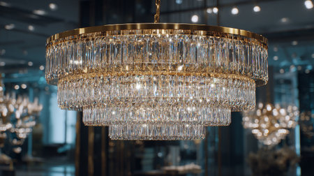 This image showcases a stunning, multi-tiered crystal chandelier with gleaming golden accents. The elegant fixture hangs in a refined space, featuring soft background lights and contributing to an atmosphere of luxury and sophistication.の素材