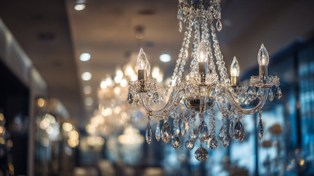 This captivating image showcases a beautifully ornate crystal chandelier, radiating light in an elegant interior space. The chandelier's intricate design and sparkling crystals create a sophisticated and luxurious atmosphere, enhancing the room's aesthetic appeal.の素材