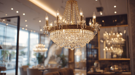 An opulent crystal chandelier commands attention, its shimmering droplets catching the light within a refined dining setting. Elegant furnishings and soft hues complement the chandelier's radiant presence in this interior.の素材