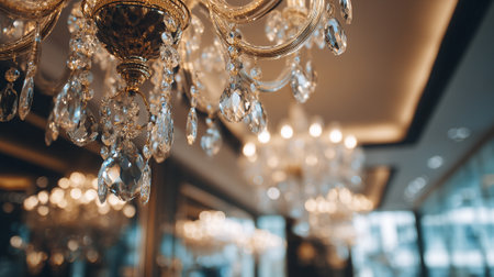 This image showcases a stunning gold-toned crystal chandelier, emphasizing its intricate details and providing an elegant light source. The interior space and the lighting fixtures are partially blurred, conveying a sense of luxury and sophistication.の素材