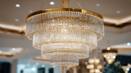 This image showcases a dazzling multi-tiered crystal chandelier featuring shimmering crystal rods and gold accents. This grand fixture is suspended, reflecting light throughout a sophisticated and elegantly designed interior space, creating a luxurious ambiance.の素材