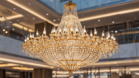 This captivating image showcases a luxurious chandelier featuring sparkling crystals and gold framework. The elegant lighting fixture adds a touch of sophistication to a modern architectural space, creating a warm atmosphere.の素材